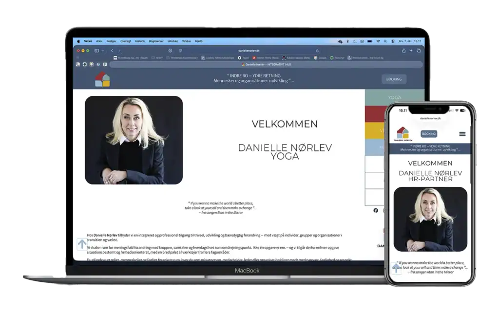 Nørliv yoga hjemmeside på computer og mobilskærm med professionel kvindeprofil.